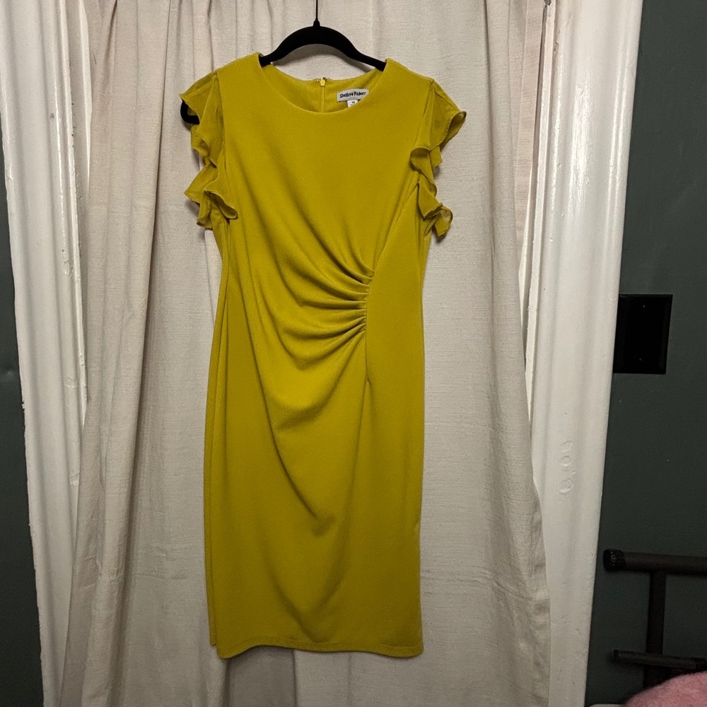 Shelby & Palmer Mustard Yellow Ruffle Sleeve Ruched Sheath Dress Size 10